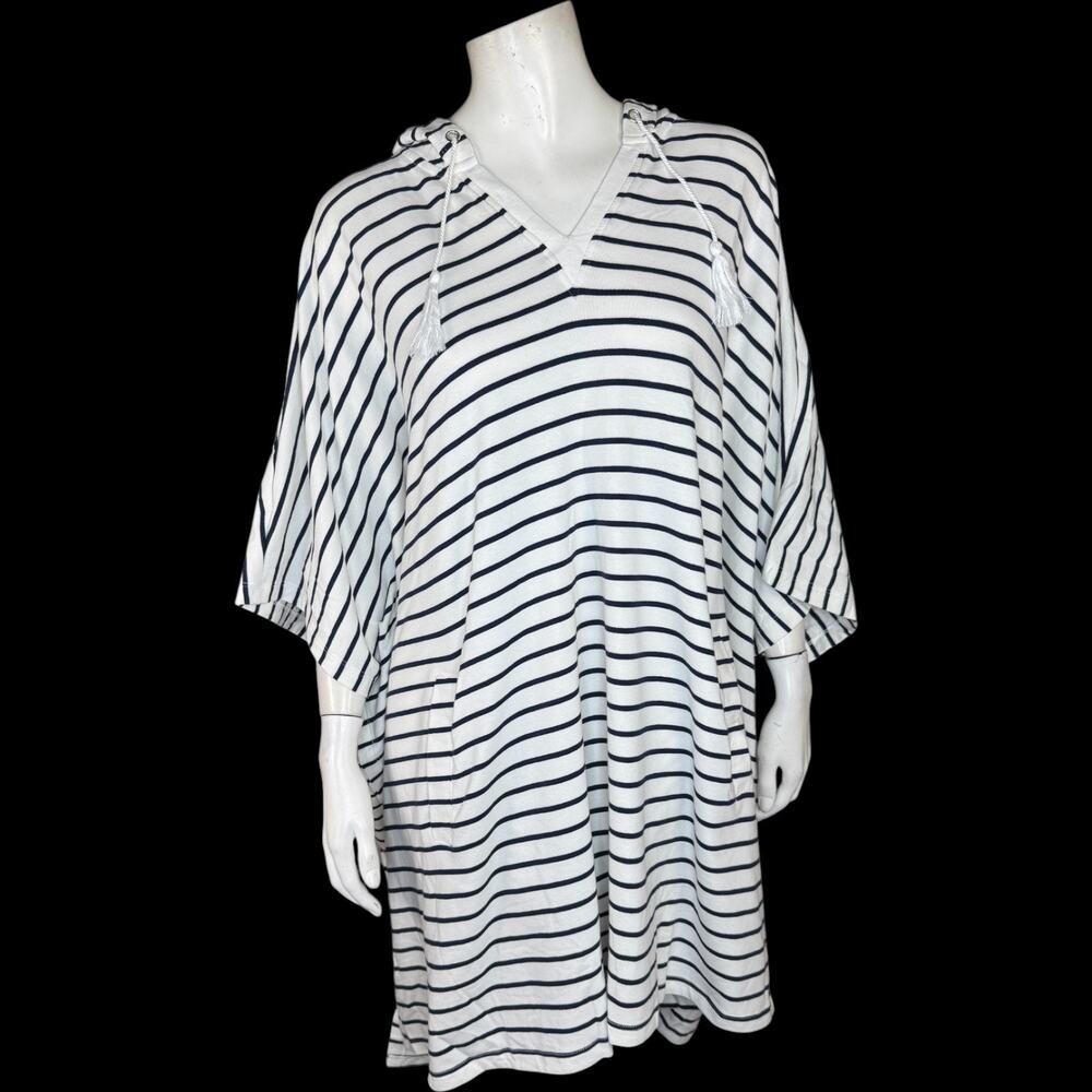 AMBERNOON‎ II UV Hooded Striped Tunic Cover-Up White Navy 1X NWT Cotton Blend